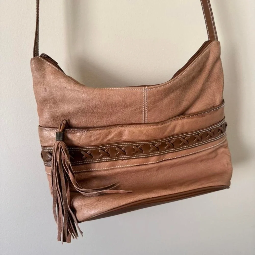 Brown Leather Crossbody‎ Purse Tassel Fringe Braided